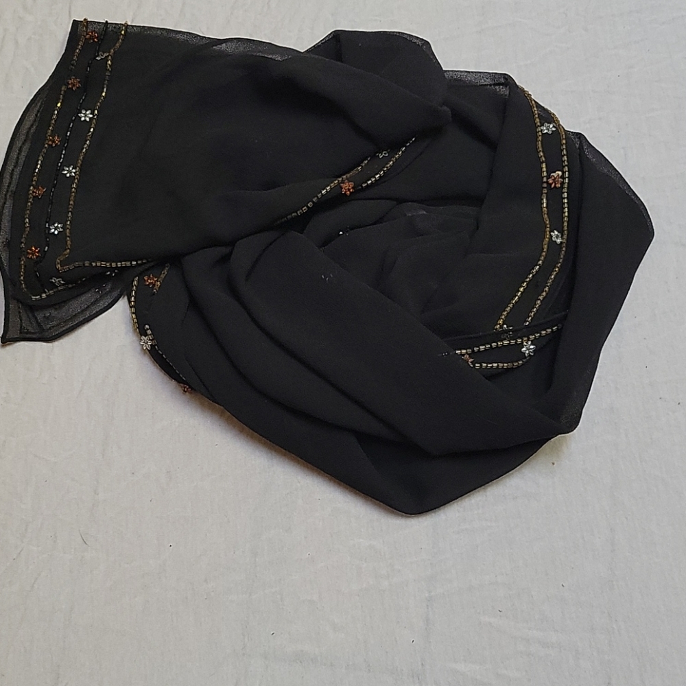 Sheer black scarf with beaded edging